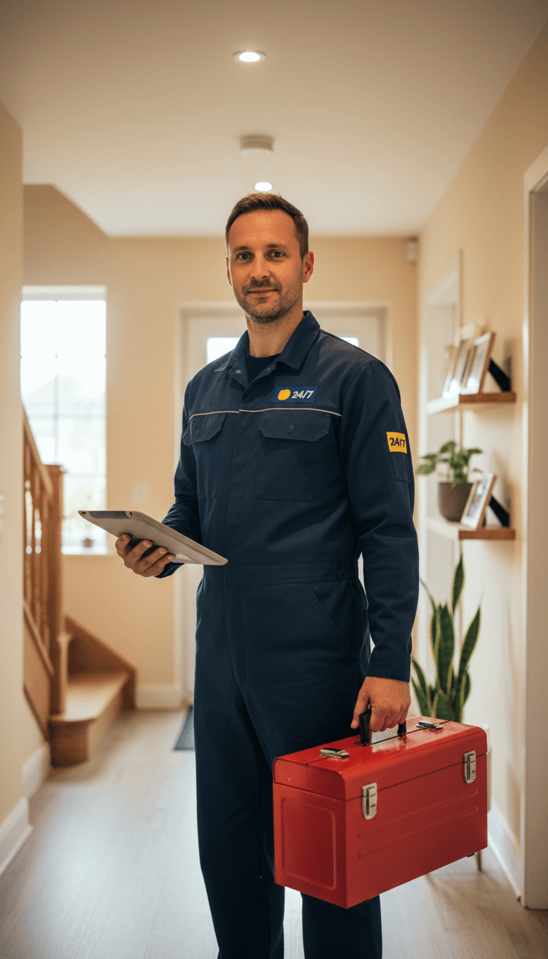 Utility technician standing by service van in Toronto